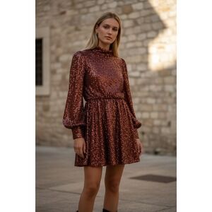 Sabo Skirt Sequin Mini Dress Rust Copper High Neck Balloon Sleeve Open Back